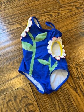 Mini Boden Blue One-Piece Swimsuit with Green Stem and Pink-White Flower Accents